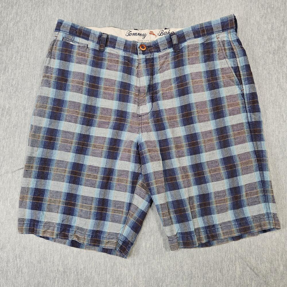Tommy Bahama Shorts Mens 36 Blue Bermuda Plaid Linen Lyocell 10in Casual